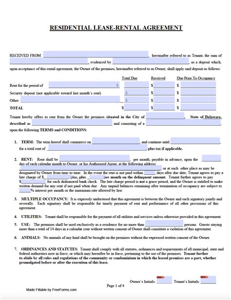 Free Printable Delaware Lease Agreement